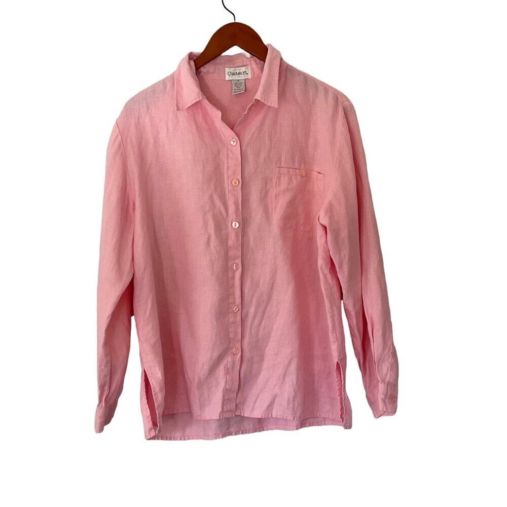 Pink Linen Long Sleeve Button Down Shirt, Front Pocket, Side Vents, Size 14
